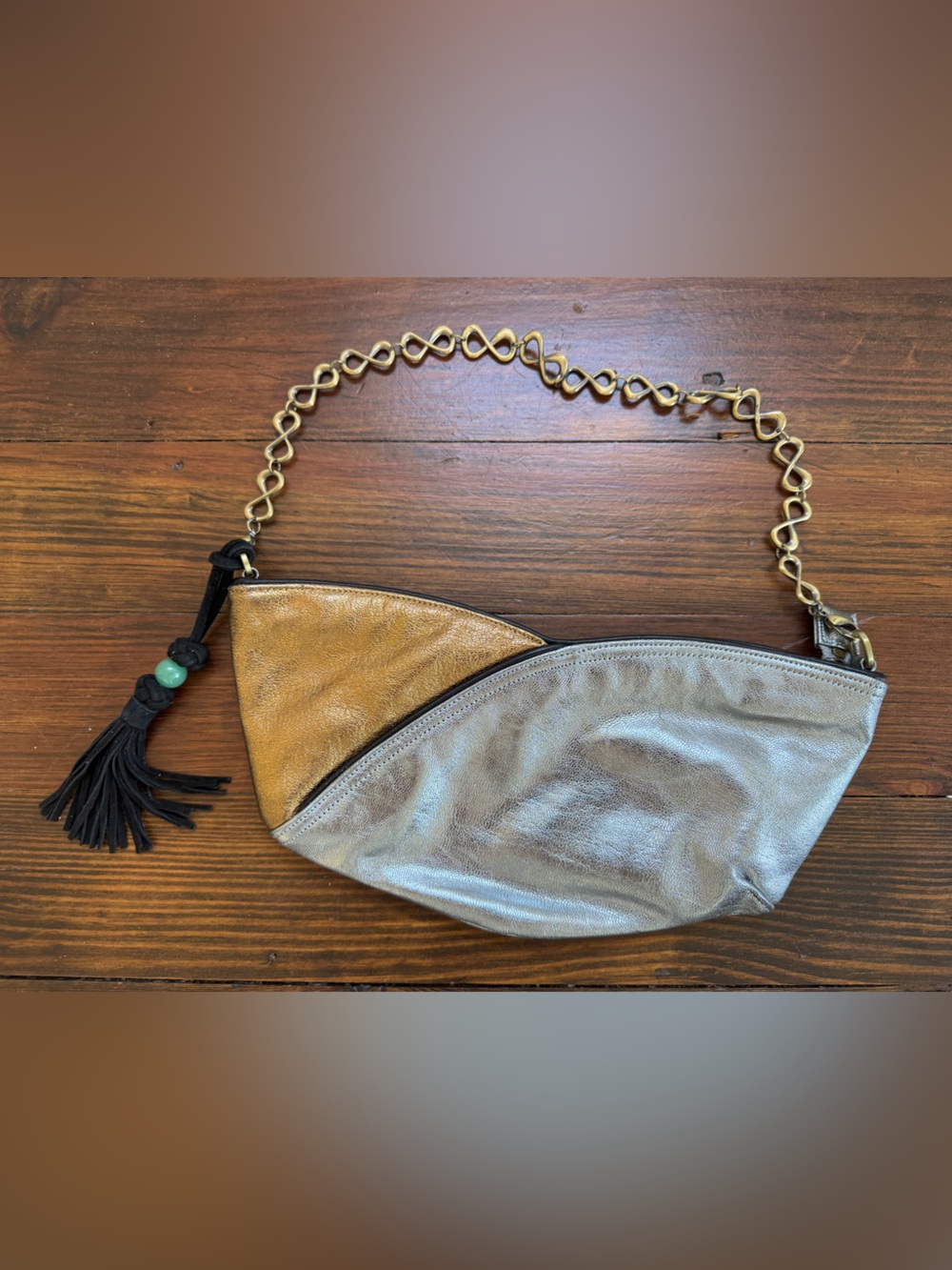 Shanghai Tang Metallic Silver and Gold Leather Shoulder Bag with Chain